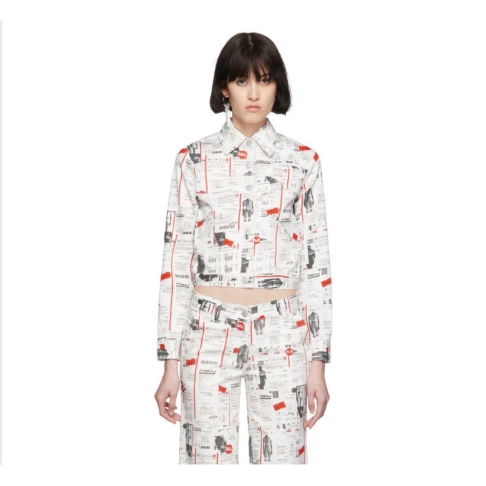 Miaou  Jacket Receipt Print Cropped Denim‎ Style Graphic White Red XS NEW